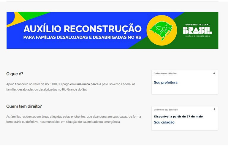 Famílias do RS já podem acessar sistema do Auxílio Reconstrução com conta GOV.BR