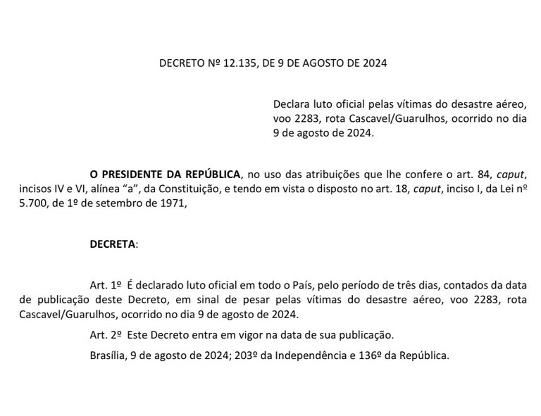 Presidente decreta luto oficial de três dias pelas vítimas do desastre aéreo em Vinhedo