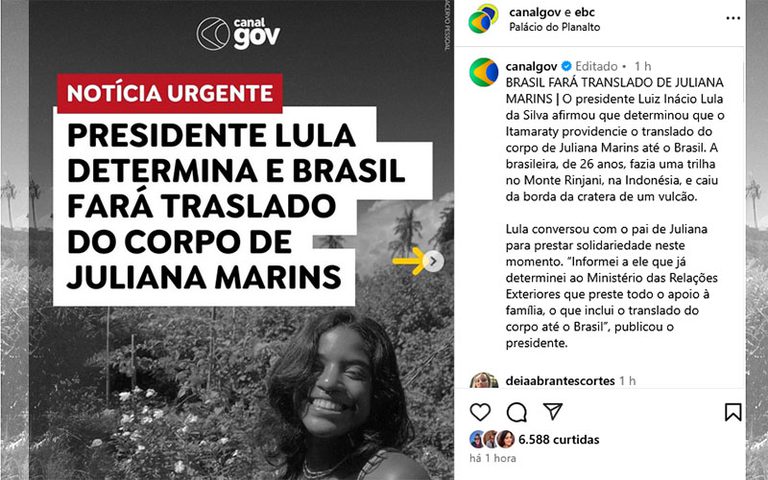 Lula determina que Governo Federal faça translado do corpo de Juliana Lula determina que Governo Federal faça translado do corpo de Juliana