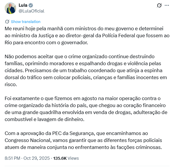 Lula no X sobre o Rio de Janeiro