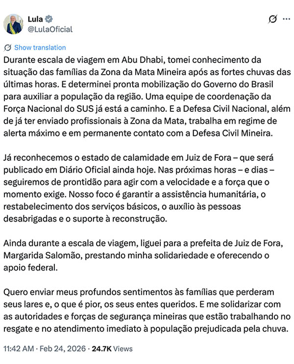 Lula no X sobre chuvas em MG